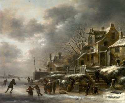 Talvikohtaus, Joki taitoluistelulla, 1671 tekijältä Claes Molenaer