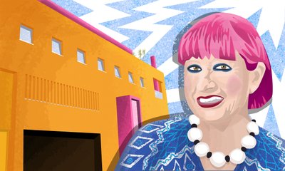 Dame Zandra Rhodes ja muoti- ja tekstiilimuseo Bermondseyssa, Lontoossa. tekijältä Claire Huntley
