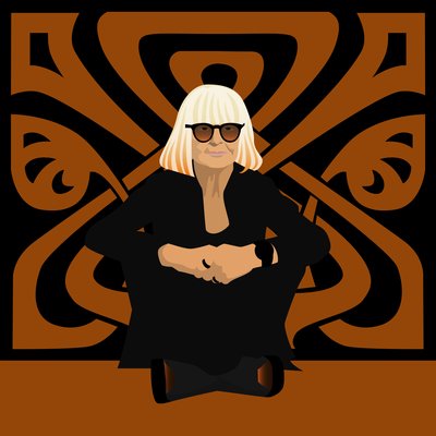 Muotokuva Barbara Hulanickista, muotisuunnittelija, Biban perustaja, sisustussuunnittelija ja kuvittaja. tekijältä Claire Huntley