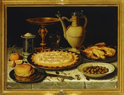 Still-life - Ateria, jossa on paistettua kanaa, leipää ja oliiveja ... tekijältä Clara Peeters