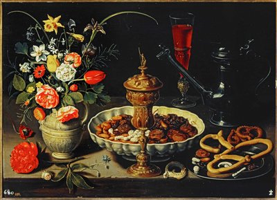 Pöytä, jossa kannu, kukkia, kuivattuja hedelmiä ... tekijältä Clara Peeters