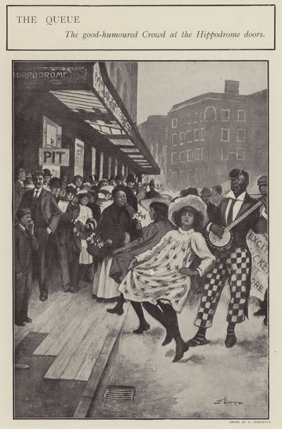 Hyväntekevä jono Lontoon Hippodromin (litho) ovien ulkopuolella tekijältä Clarence F. Underwood