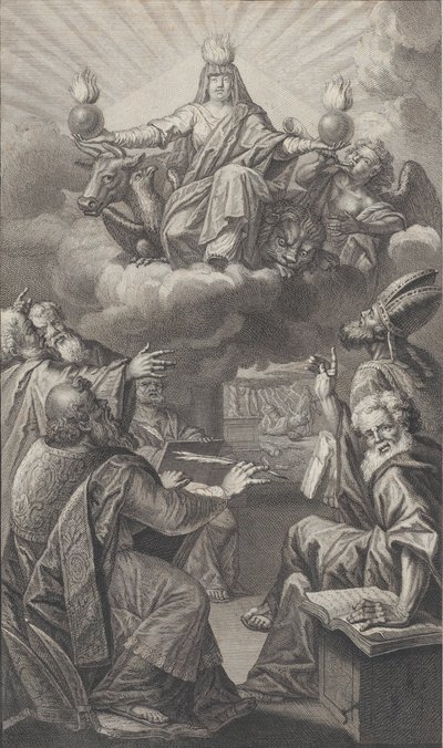 Allegorinen hahmo ilmestyy pilvien päälle pään yläpuolelle, kun alapuolelle kokoontunut miesryhmä katselee u..., 1728. tekijältä Claude Augustin Duflos