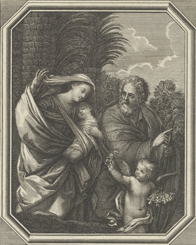 Lento Egyptiin, pyhä perhe kävelemässä nuoren Johannes Kastajan kanssa, tre..., n. 1720-86. tekijältä Claude Augustin Duflos