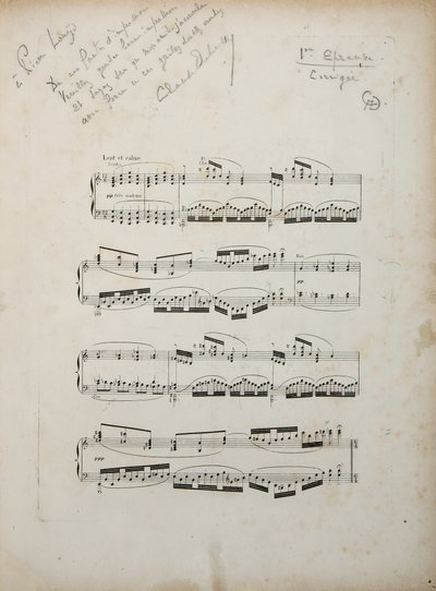 Sivu ensimmäisestä korjatusta todisteesta "La damoiselle elue", n. 1887-88 tekijältä Claude Debussy