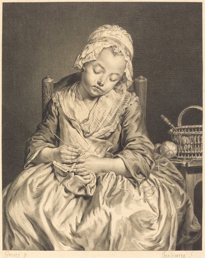 Nukkuva neuloja tekijältä Claude Donat Jardinier after Jean Baptiste Greuze