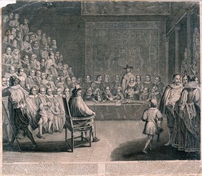 Kuningas Kaarle I:n oikeudenkäynti, Westminsterin palatsi, n. 1725 tekijältä Claude Dubosc
