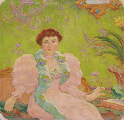 Nuori nainen vaaleanpunaisessa mekossa; Jeune femme a la robe rose, n. 1893 (öljy kankaalle) tekijältä Claude Emile Schuffenecker