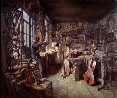 Restauraattori työpajassaan täynnä instrumentteja. Claude Firminin (1864-1944) maalaus 1896 Avignon musee Calvet Huomio! Tämän teoksen käyttö saattaa edellyttää kolmannen osapuolen lupapyyntöä tai lisämaksuja tekijältä Claude Firmin