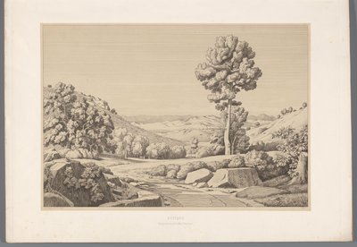 Landschap met weg Attika (otsikko esineessä) Näkymiä antiikin Kreikan kuuluisimmista kohteista (...) (sarjan nimi) tekijältä Claude Félix Théodore Caruelle d