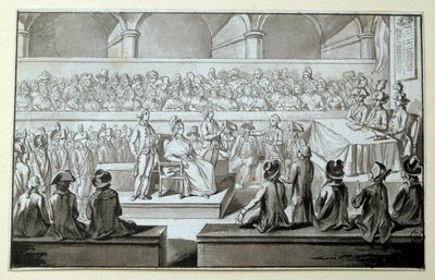 Ranskan kuningatar Marie Antoinette vallankumouksellisen tuomioistuimen edessä: päivät 14,15,16/10/1793 Asianajaja, joka puolusti hänen tapauksessaan on Claude Francois Chauveau-Lagarde (1756-1841). Piirustus mustalla musteella Dim. 0,097x0,15 m. Pariisi,  tekijältä Claude Francois Chauveau Lagarde