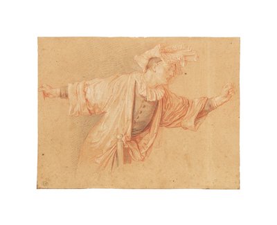 Tutkimus Scaramouchelle, hänen kätensä ojennettuina, n. 1707 (punainen, musta ja valkoinen liitu, vaaleanharmaalla paperilla) tekijältä Claude Gillot