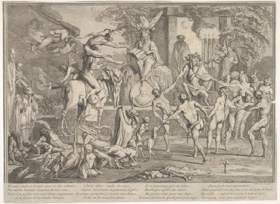 Witches Sabbath, öisessä maisemassa, nekromanti istuu ylimmässä keskustassa..., n. 1700-1720. tekijältä Claude Gillot