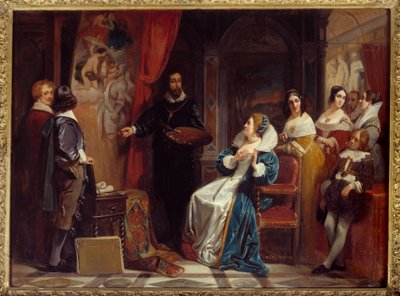 Ranskan kuningatar Marie de Medicis (1573-1642) vierailee taidemaalari Pierre Paulin (Pierre-Paul) Rubensin (tai Peter Paulin tai Petrus Pauluksen) (1577-1640) työpajassa. Claudius Jacquandin (1804-1878) maalaus tekijältä Claude Jacquand