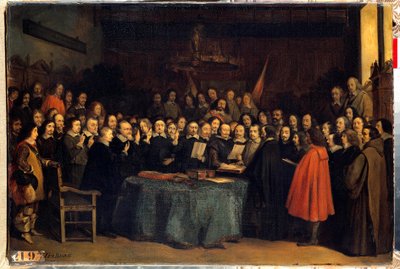 Westfalenin rauha, vannominen espanjalaisten ja Needlanderien välisen rauhan ratifioinnin jälkeen, Munsterin kaupungintalolla 15.5.1648 He päättivät kolmikymmenvuotisen sodan. Claudius Jacquandin maalaus tekijältä Claude Jacquand