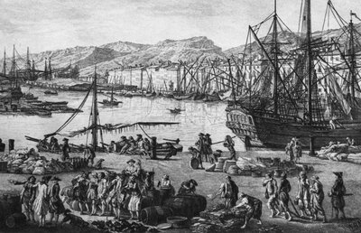 Toulonin vanha satama, katsottuna huoltomestarin myymälöistä, sarja "Les Ports de France", kaiverrus Charles Nicolas Cochin nuorempi (1715-90) ja Jacques Philippe Le Bas (1707-83) 1762 (vasemman puolen yksityiskohta) ( katso myös 382970, 382972) (etsaus) tekijältä Claude Joseph (after) Vernet