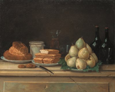 Päärynät ja leipä lautasilla, viinipullot ja lasit kivireunalla (öljy kankaalle) tekijältä Claude Joseph Fraichot