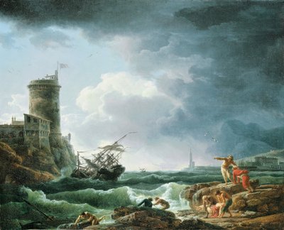 Myrsky ja haaksirikko linnoituksen luona, haaksirikko etualalla, 1769 tekijältä Claude Joseph Vernet