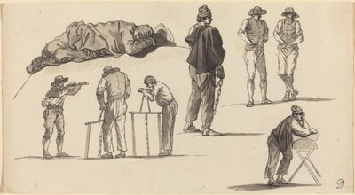 Figuuritutkimukset, mukaan lukien yksi maassa nukkuva mies ja kaksi miestä sahaamassa tekijältä Claude Joseph Vernet
