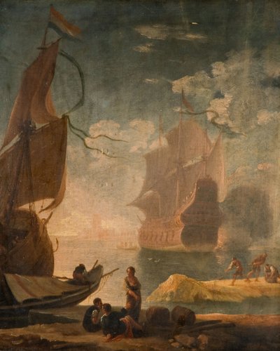Satamakohtaus sodanmiehen ja hahmojen kanssa laiturilla, 1825. tekijältä Claude Joseph Vernet
