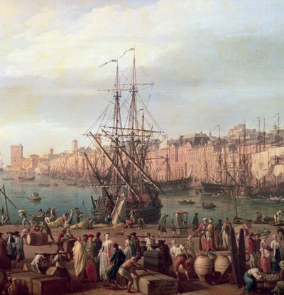 Aamunäkymä Marseillen sisäsatamasta ja Horloge du Parcin paviljongista, 1754 (156103:n yksityiskohta) tekijältä Claude Joseph Vernet