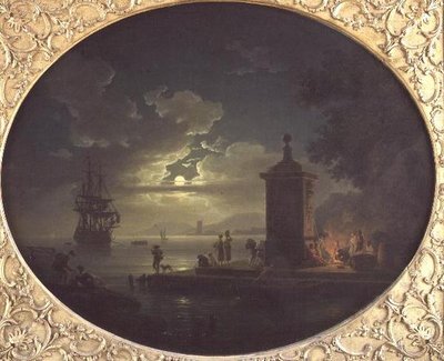 Yö: Kuutamoinen rannikkomaisema Fisherfolkin kanssa tulen äärellä laiturilla, sodan mies sen takana tekijältä Claude Joseph Vernet