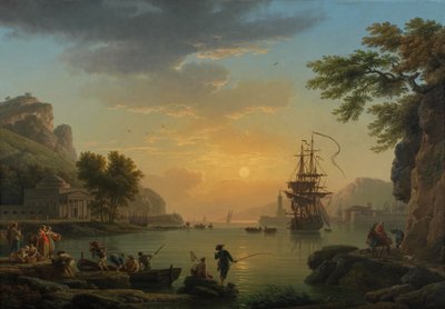 ""Maisema auringonlaskun aikaan ja kalastajat palaavat saaliillaan" Claude Joseph Vernet (1714-1789) maalaus Öljy kankaalle 1773 Koko 114,5x164 cm National Gallery, Lontoo tekijältä Claude Joseph Vernet