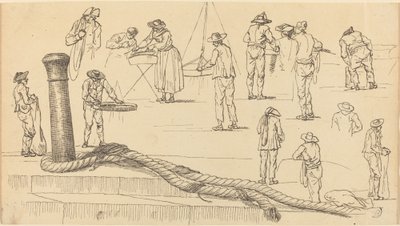 Laiturilla olevat hahmot ja pollariin kiinnitetty köyden pituus tekijältä Claude Joseph Vernet