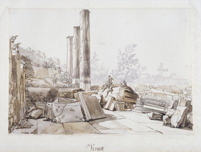 Serapisin temppelin rauniot Pozzuolissa, 1750 (kynä ja muste ja pesu mustalla liidulla paperille) tekijältä Claude Joseph Vernet