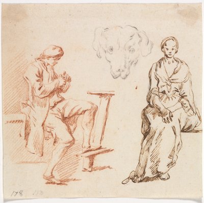 Tutkimusarkki: Istuva mies, koiran pää, istuva nainen, 1700-luku. tekijältä Claude Joseph Vernet