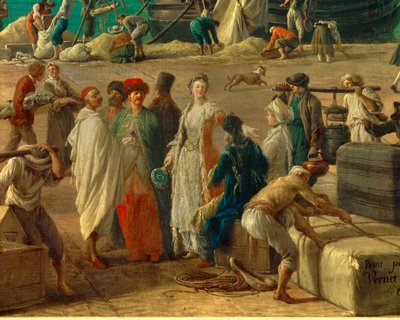 yksityiskohta: Marseillen satama 1700-luvulla”” Tavaroiden purkamista kuvaava yksityiskohta. Joseph Vernet