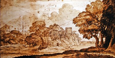 Lumottu linna (kynä ja muste ja pese paperille) tekijältä Claude Lorrain