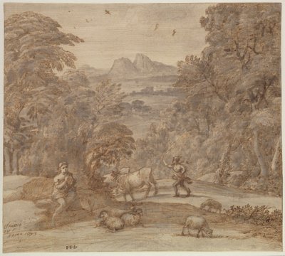 Maisema, jossa on Merkurius ja Apollo paimenena tekijältä Claude Lorrain (1600-82)