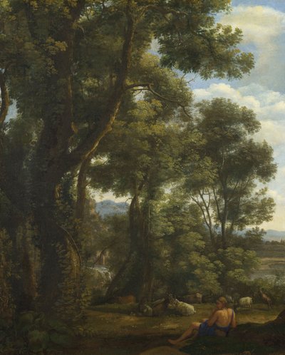 "Maisema, jossa vuohipaimen ja vuohien kanssa" (Maisema, jossa on vuohipaimen ja vuohet) Claude Lorrainin (1600-1682) maalaus noin 1637 Öljy kankaalle Koko 52x42 cm National Gallery, Lontoo tekijältä Claude Lorrain