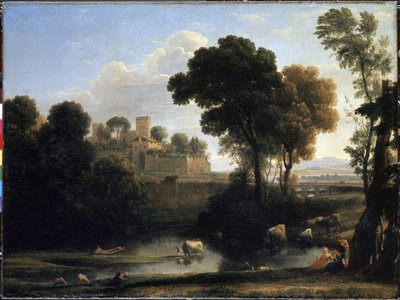 italialainen maisema. Claude Geleen maalaus, joka tunnetaan nimellä Claude Le Lorrain (1600-1682) tekijältä Claude  Lorrain