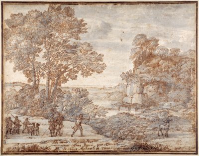 Ascanius ampuu Sylvian polttaria, n. 1680 (kynä ja muste pesulla paperille) tekijältä Claude Lorrain