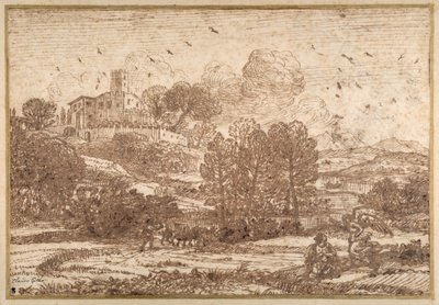 Hagar ja enkeli (kynä ja ruskea muste paperille) tekijältä Claude Lorrain