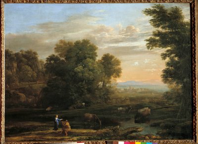Maisema, jossa paimen leikkii bukolista Scene-lippua. Claude Gelleen maalaus nimeltä Lorrain (1600-1682) 1600-luvulla. Yksityinen kokoelma tekijältä Claude Lorrain