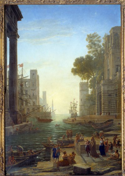 Maisema Saint Paula Romanan veneellä Ostiassa. Saint Paula jättää lapsensa matkustamaan Pyhään maahan. Kangas, 211 x 145 cm - Nousu Sainte Paulesta Ostiaan. St. Paule (347-404 tai 407), roomalainen leski, Pyhän Hieromuksen opetuslapsi. Maalaus Cl tekijältä Claude Lorrain