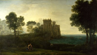 ""Maisema Psychen kanssa Cupidon palatsin tai lumotun linnan ulkopuolella) Claude Lorrainin maalaus (1600-1682) Öljy kankaalle 1664 Koko 87, 1 x 151,3 cm National Gallery, Lontoo tekijältä Claude Lorrain