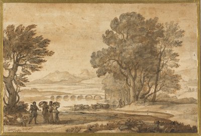 Metsäinen jokimaisema Jaakobin, Laabanin ja hänen tyttäriensä kanssa. tekijältä Claude Lorrain