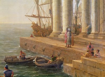 Satamakohtaus, yksityiskohta elokuvasta "Ulysseksen lähtö Feacien maasta", 1646 tekijältä Claude Lorrain