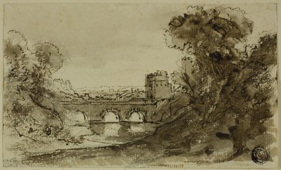 Italialainen jokimaisema sillalla ja tornilla tekijältä Claude Lorrain