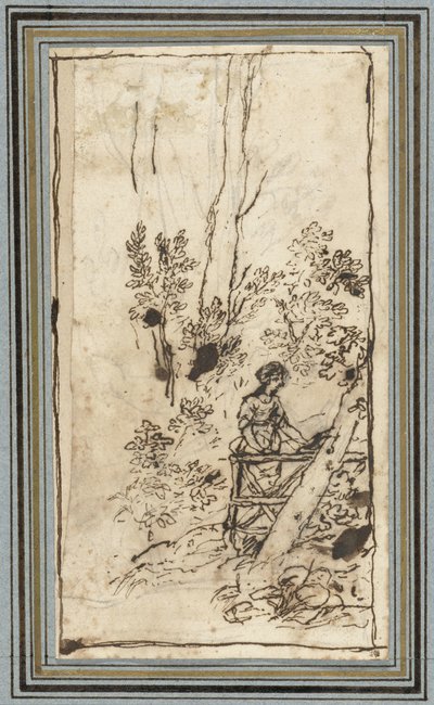 Nuori nainen seisoo aidan vieressä metsässä Eläintutkimukset Animal Albumista. (sarjan nimi) tekijältä Claude Lorrain