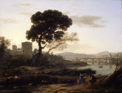 Maisema lähellä Roomaa ja näkymät Ponte Mollelle, 1645. tekijältä Claude Lorrain