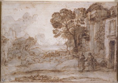 Maisema, jossa Abraham karkottaa Hagarin ja Ismaelin, n. 1665–1667 (kynä ja muste ja pesu liidulla paperille) tekijältä Claude Lorrain