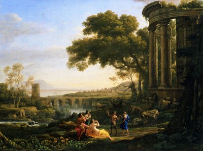 Maisema, jossa nymfi ja satyyri tanssivat tekijältä Claude Lorrain