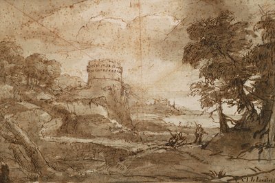 Maisema, jossa on pyöreä torni ja lahti tekijältä Claude Lorrain