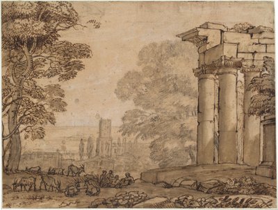 Maisema raunioita, pastoraalihahmoja ja puita tekijältä Claude Lorrain
