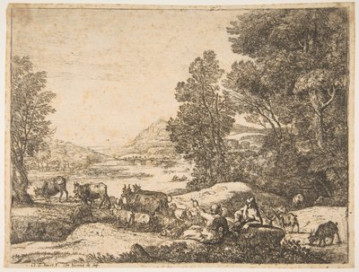 Paimen ja paimentar keskustelevat maisemassa, n. 1651. tekijältä Claude Lorrain